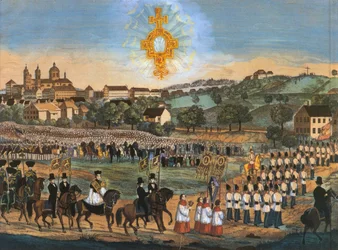 Altdorf-Weingarten, Heilig-Blut-Prozession 1849 oder in den folgenden Jahren; kolorierte Lithographie, Variante mit Heilig-Blut-Reliquie im Himmel
